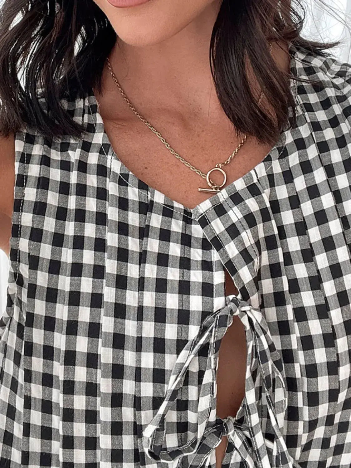 Tied Front Sleeveless Plaid Dress - Trendsi - Flyclothing LLC