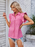 Ruffled Pocketed Collared Neck Cap Sleeve Denim Top - Trendsi