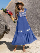 Embroidered Square Neck Cap Sleeve Dress - Trendsi - Flyclothing LLC