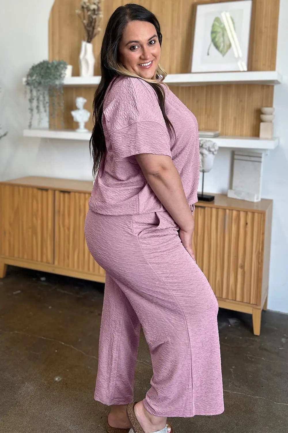 Double Take Full Size Texture Short Sleeve Top and Pants Set - Trendsi - Flyclothing LLC