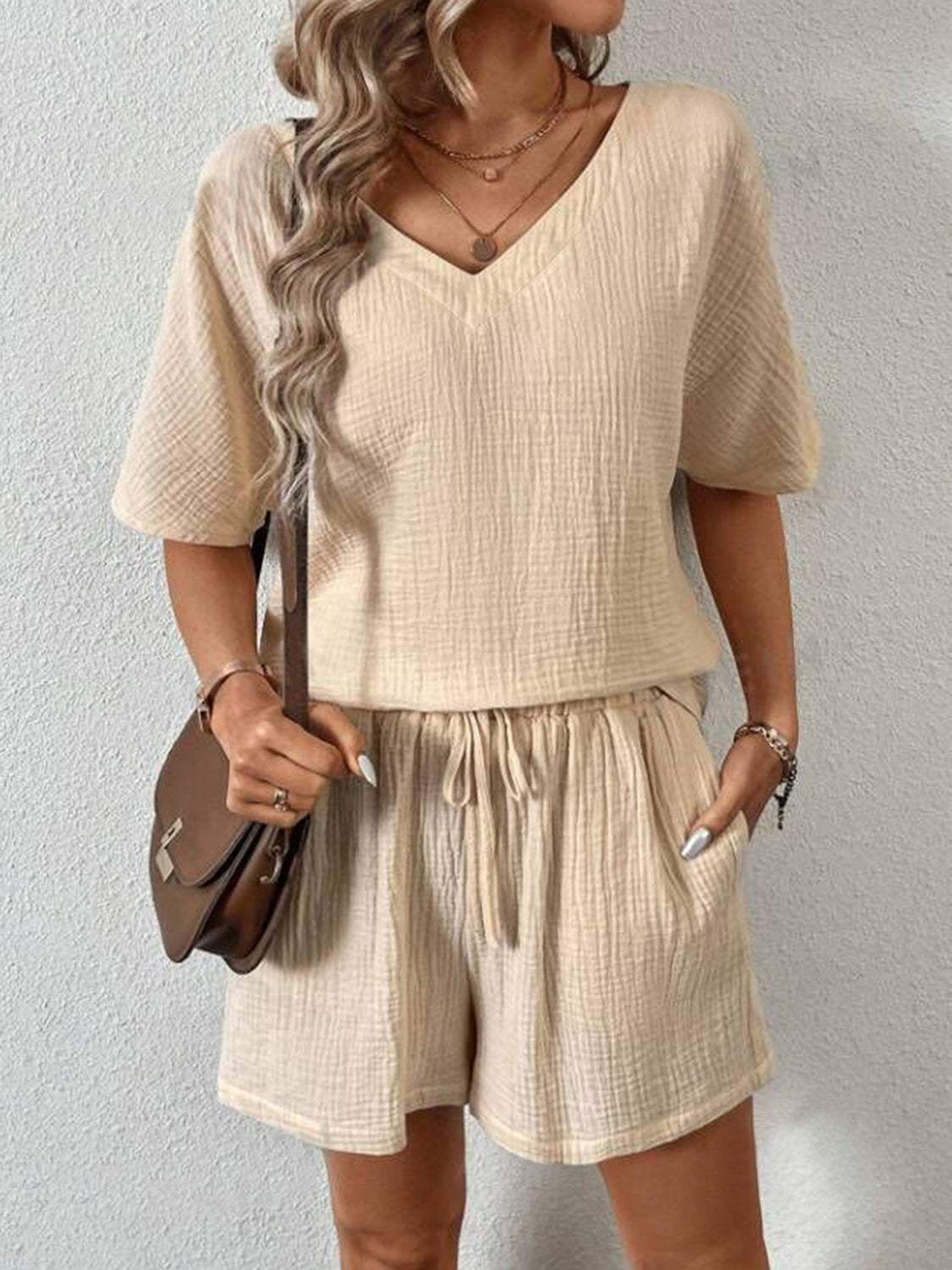 V-Neck Half Sleeve Top and Shorts Set - Trendsi - Flyclothing LLC