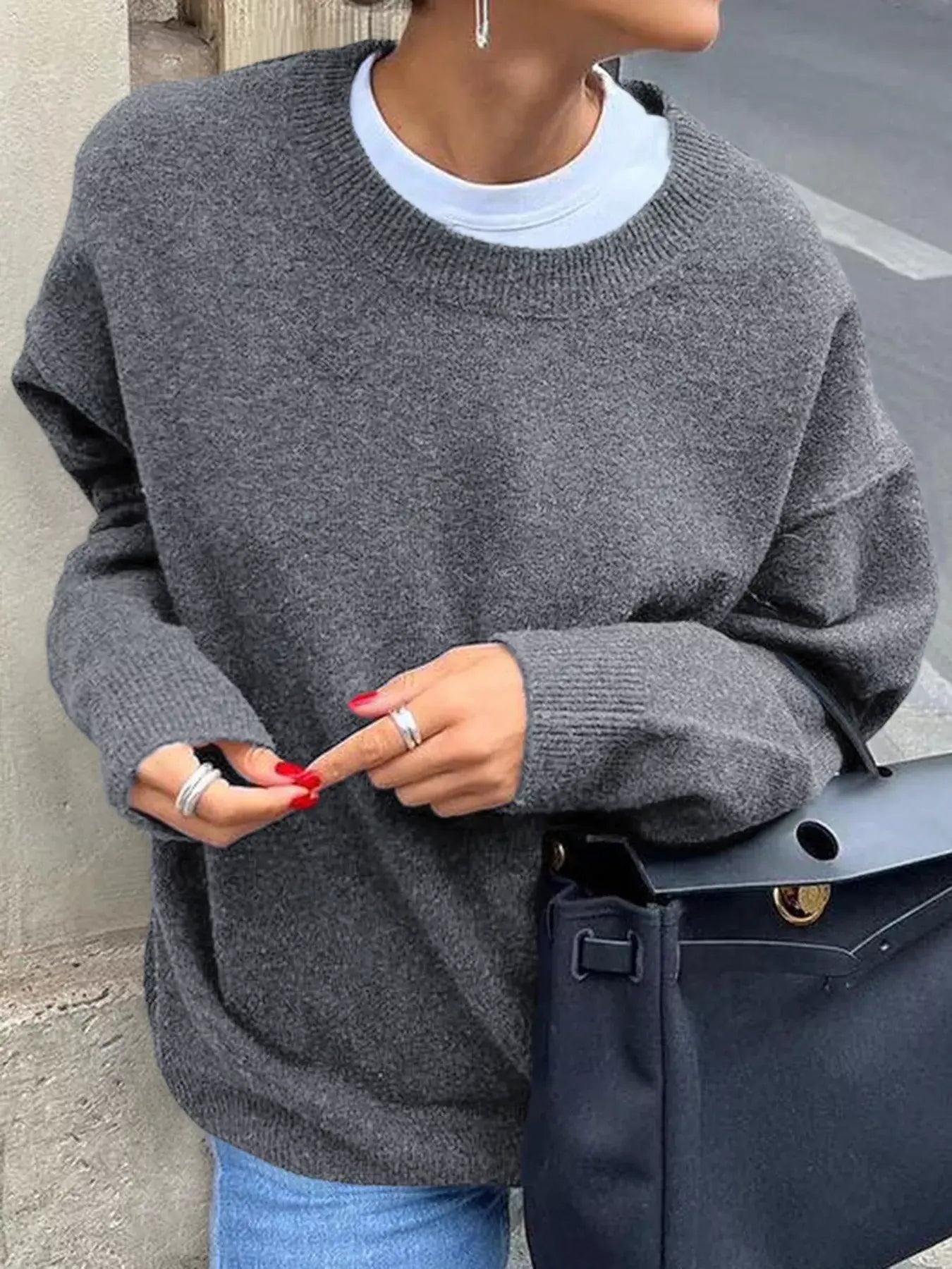 Ribbed Round Neck Dropped Shoulder Sweater - Trendsi - Flyclothing LLC