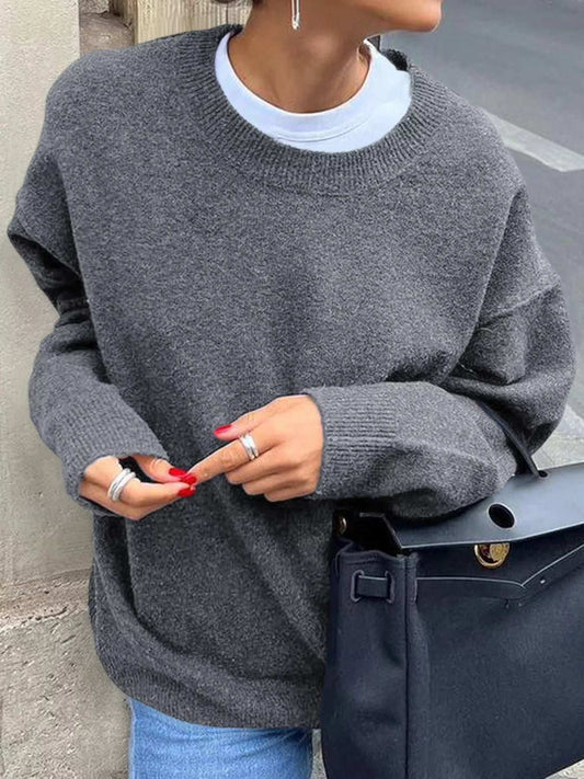 Ribbed Round Neck Dropped Shoulder Sweater - Trendsi - Flyclothing LLC