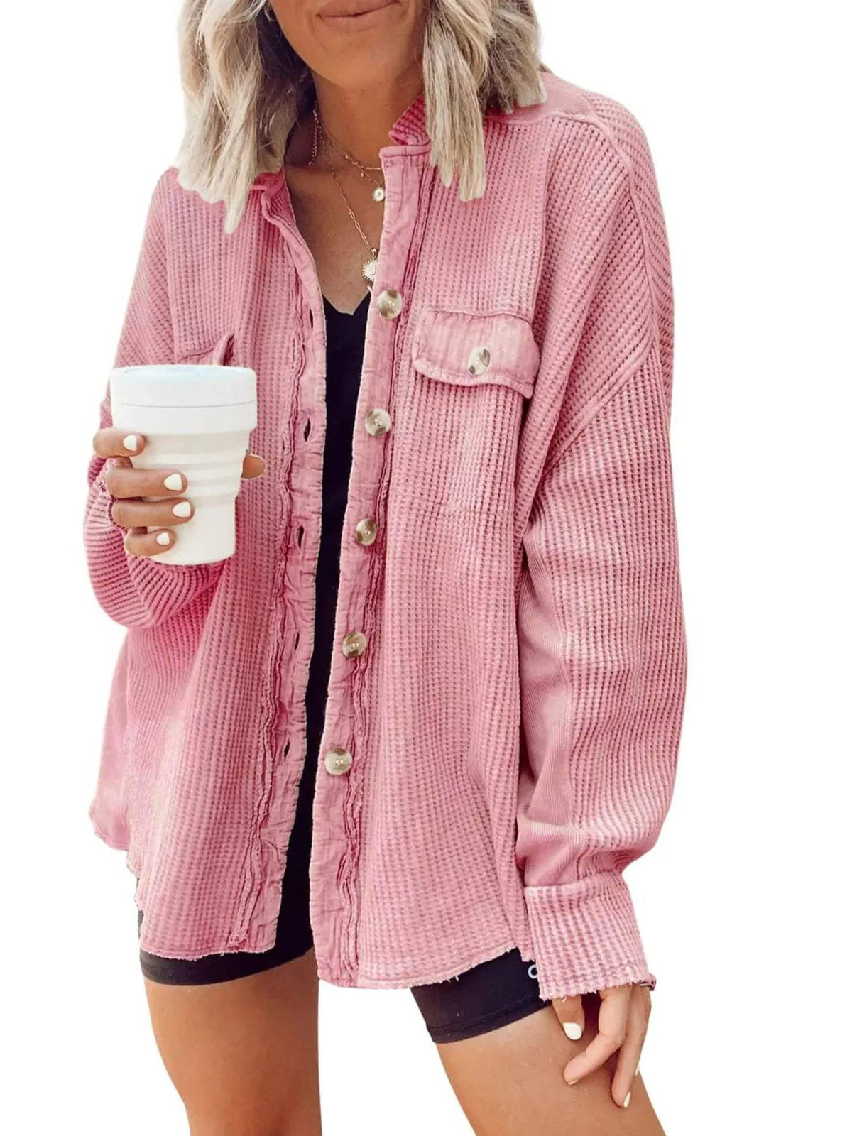 Oversized Waffle Knit Button-Up Jacket - Trendsi - Flyclothing LLC