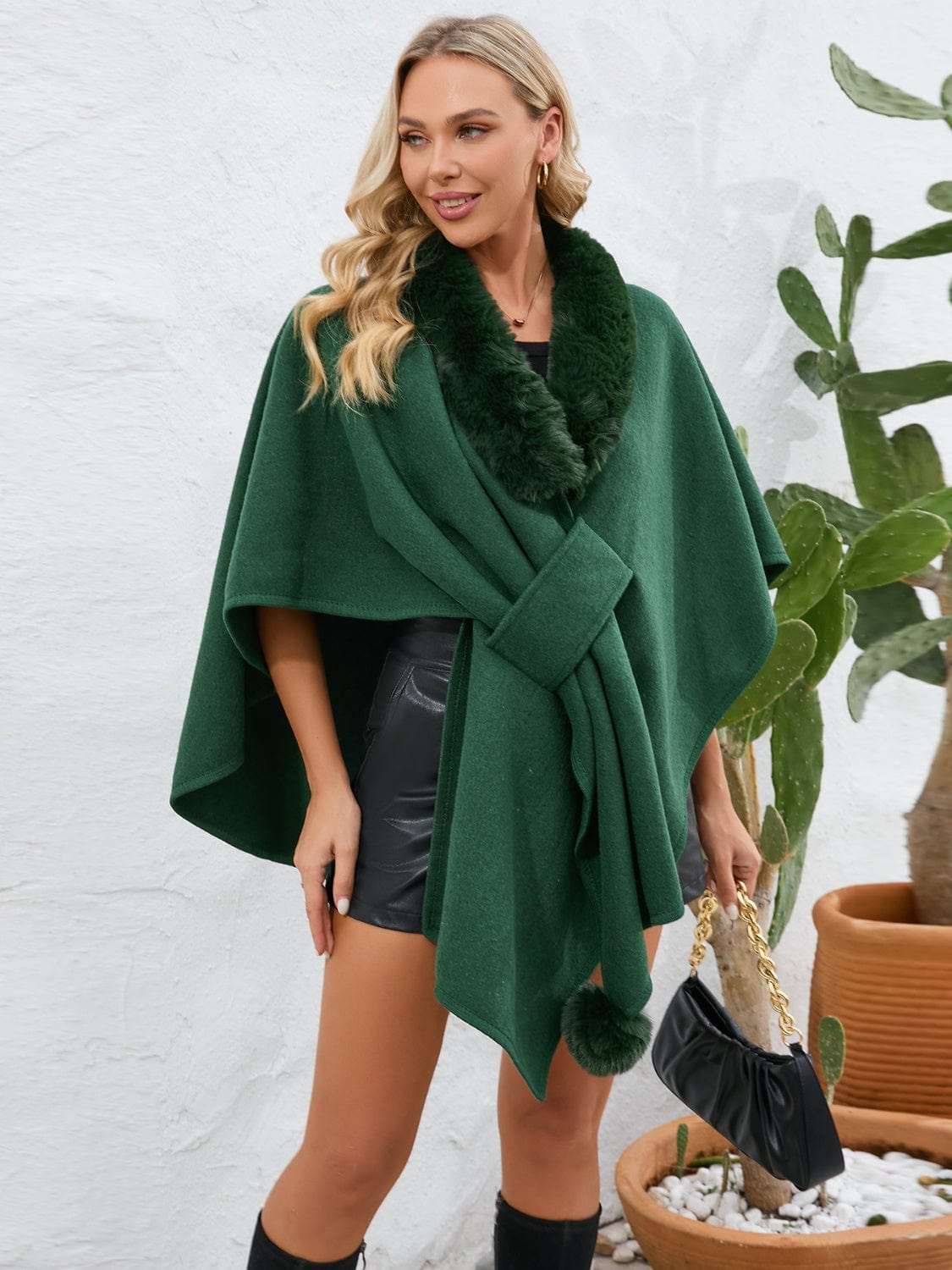 Fuzzy Trim Open Front Poncho - Trendsi