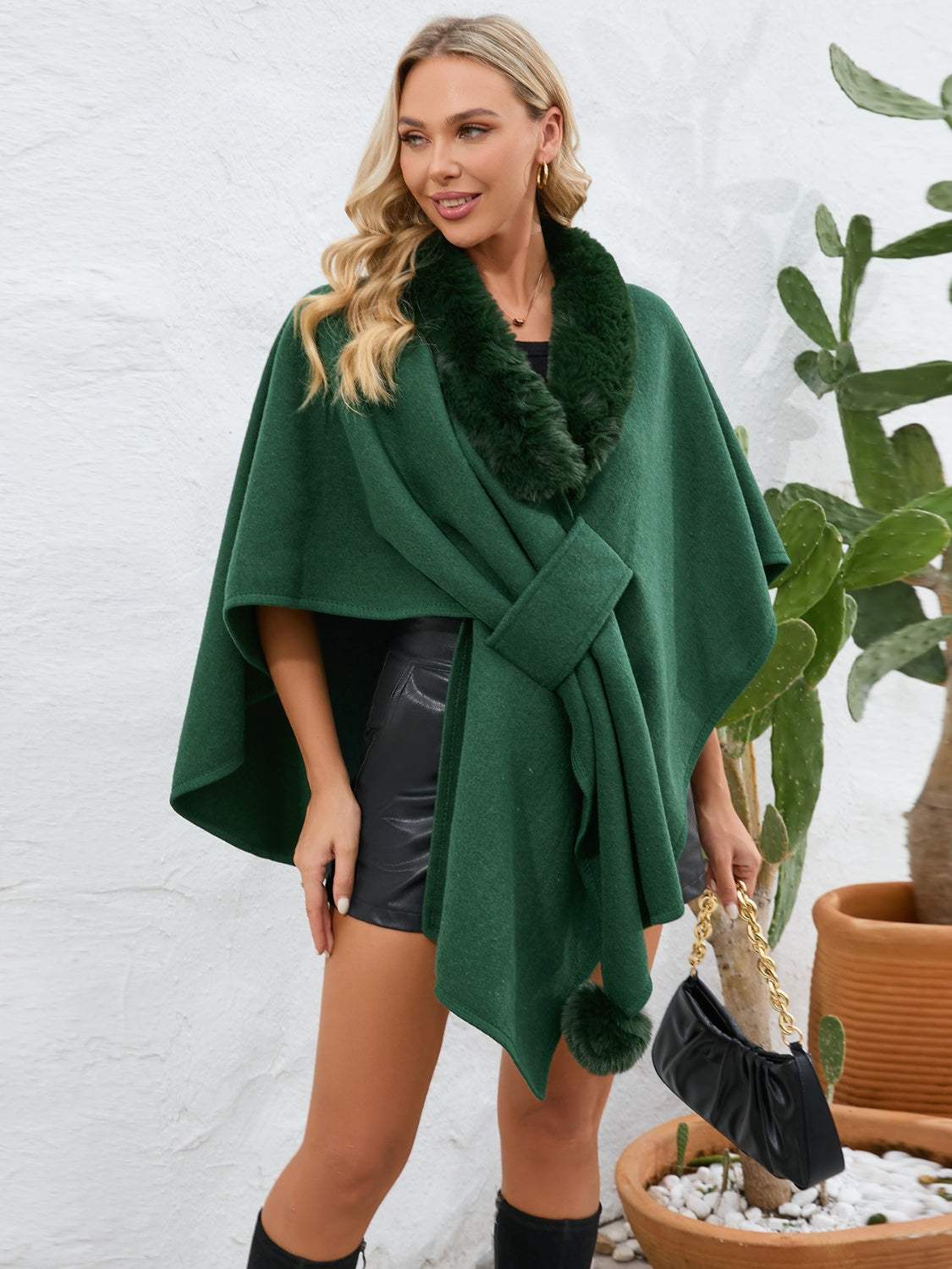 Fuzzy Trim Open Front Poncho - Trendsi - Flyclothing LLC