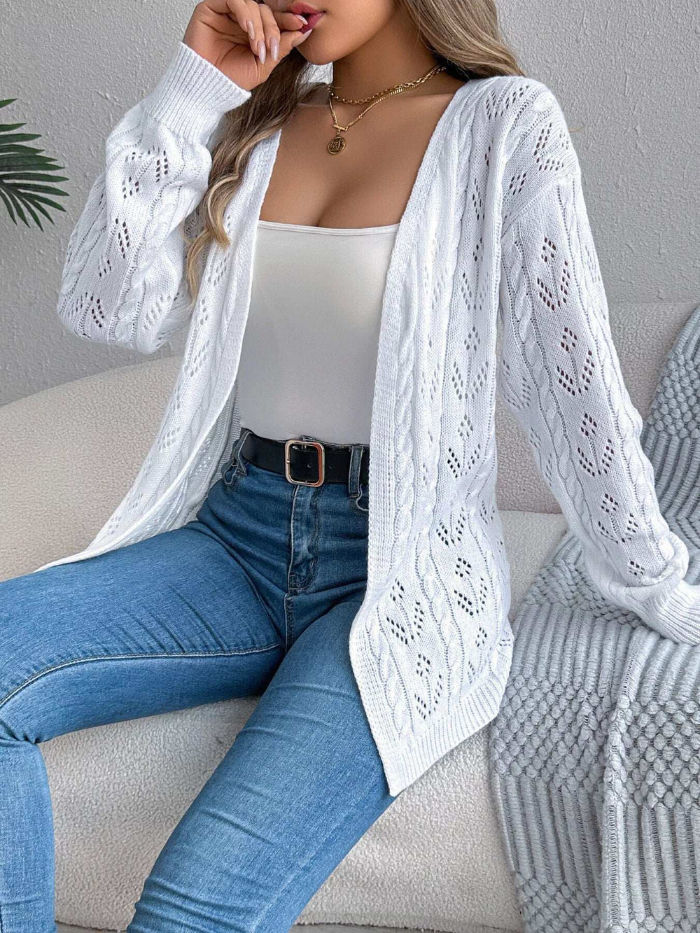 Openwork Open Front Long Sleeve Cardigan - Trendsi - Flyclothing LLC