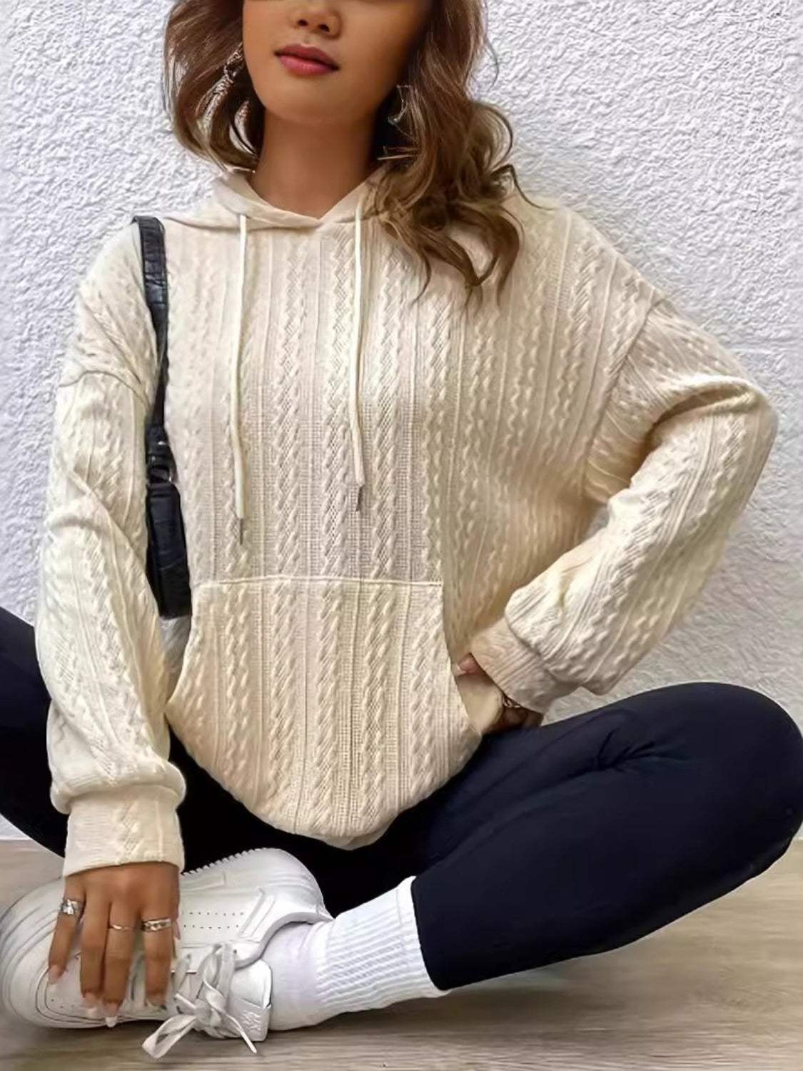 Drawstring Texture Long Sleeve Hoodie - Trendsi - Flyclothing LLC
