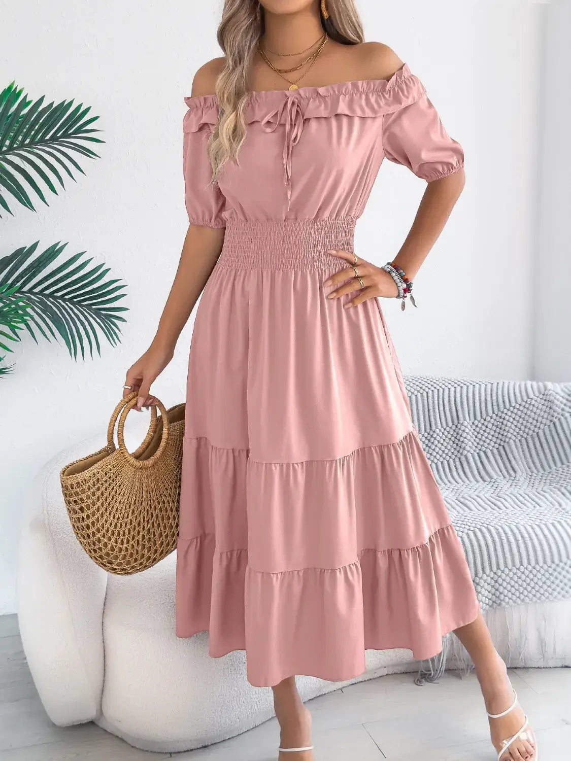 Smocked Off-Shoulder Tiered Dress - Trendsi - Flyclothing LLC
