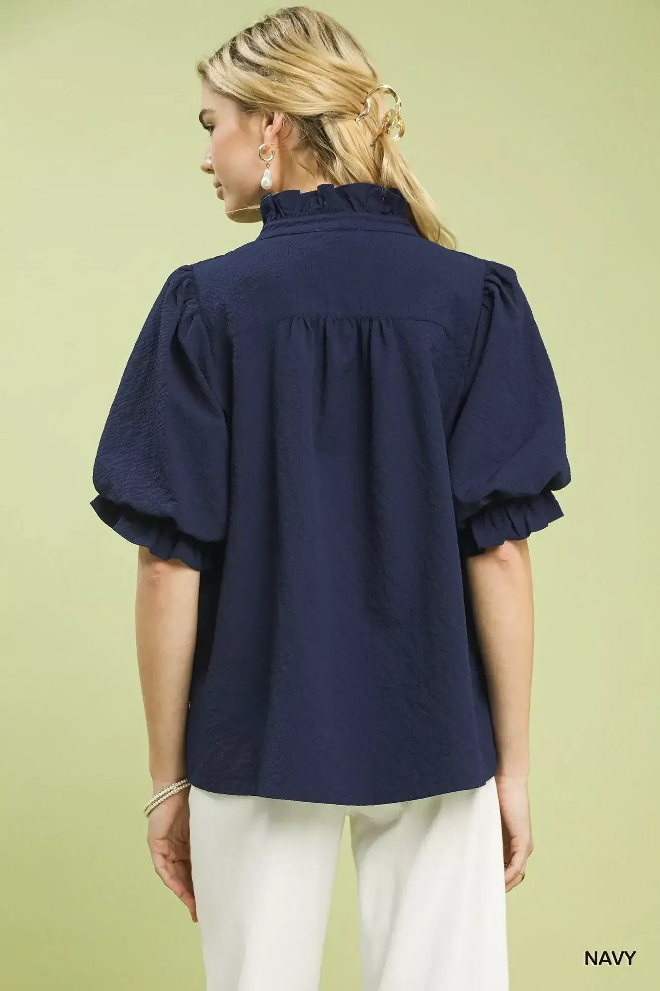 Umgee Textured Smocked Yoke Split-Neck Top - Trendsi - Flyclothing LLC