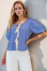 Stripe Tied Front Puff Short Sleeve Top - Trendsi - Flyclothing LLC