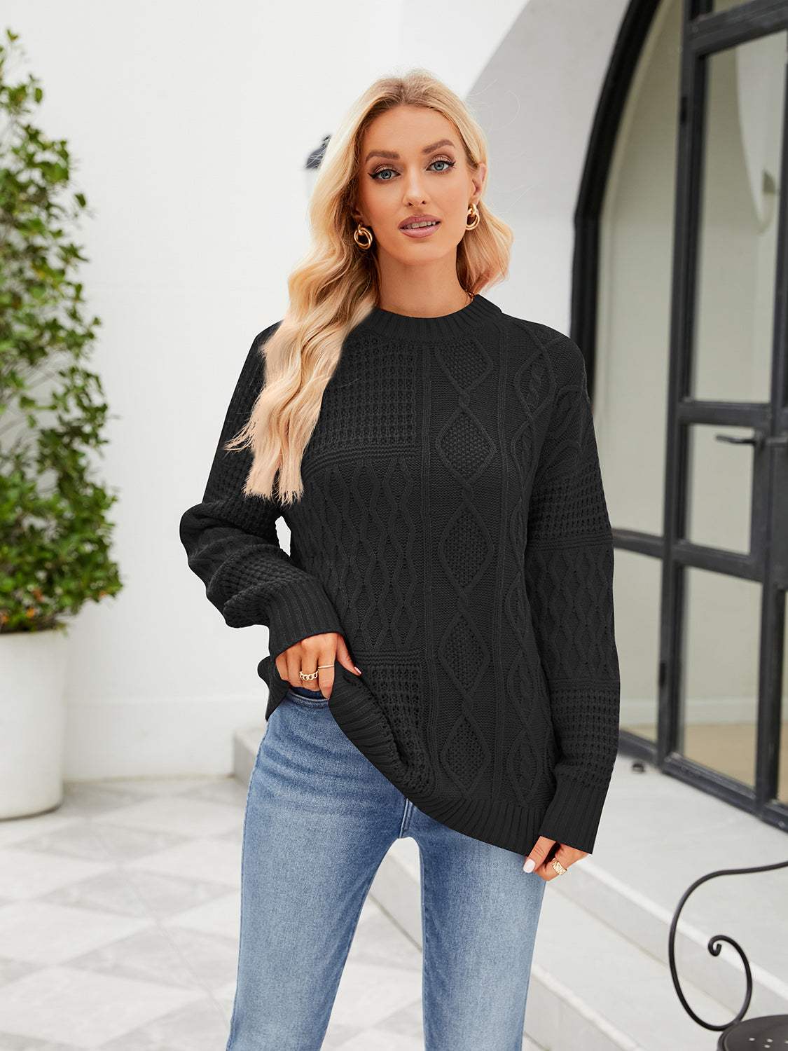Round Neck Dropped Shoulder Sweater - Trendsi - Flyclothing LLC