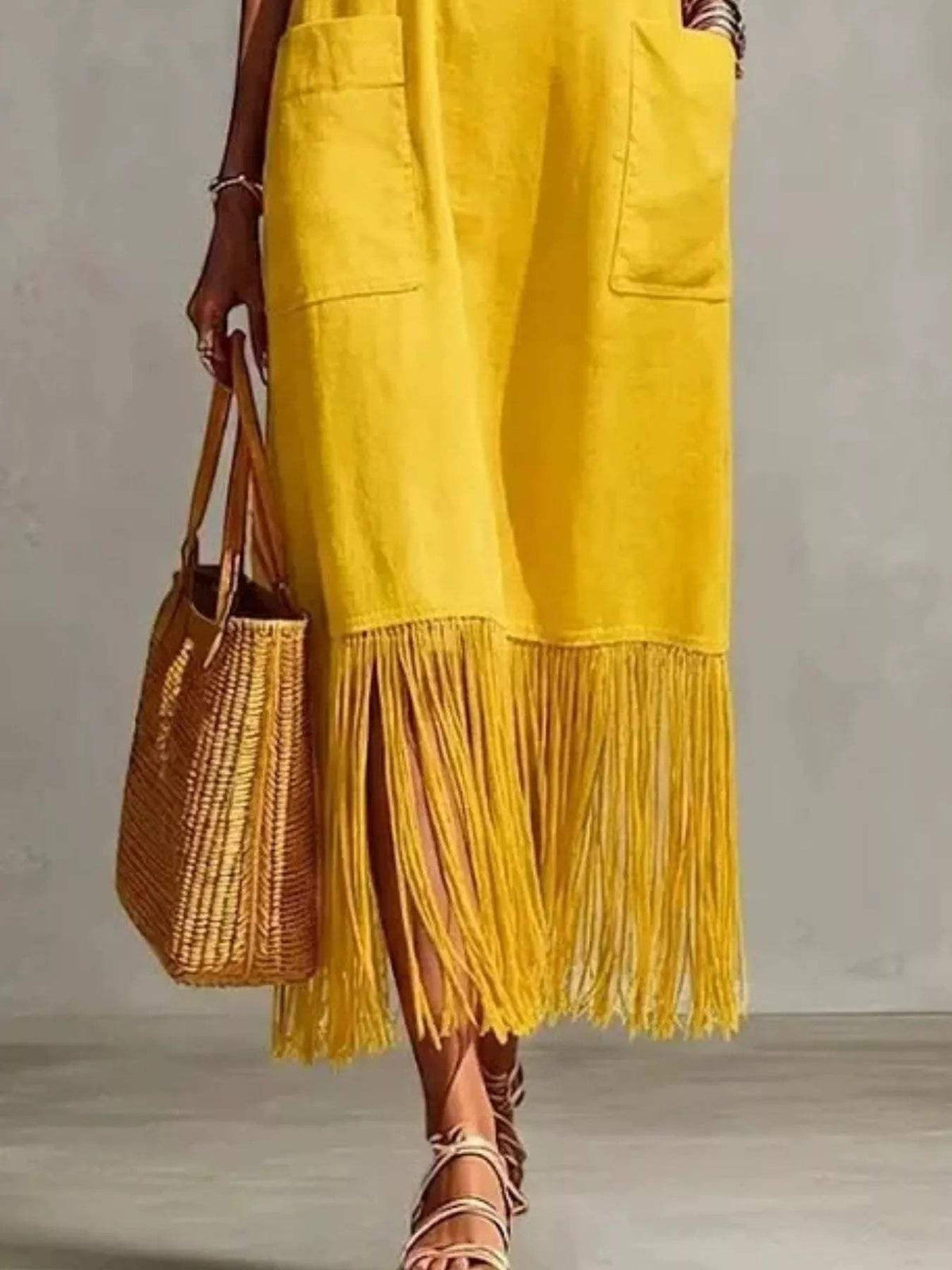 Full Size Fringe V-Neck Spaghetti Strap Dress Plus Size - Trendsi - Flyclothing LLC