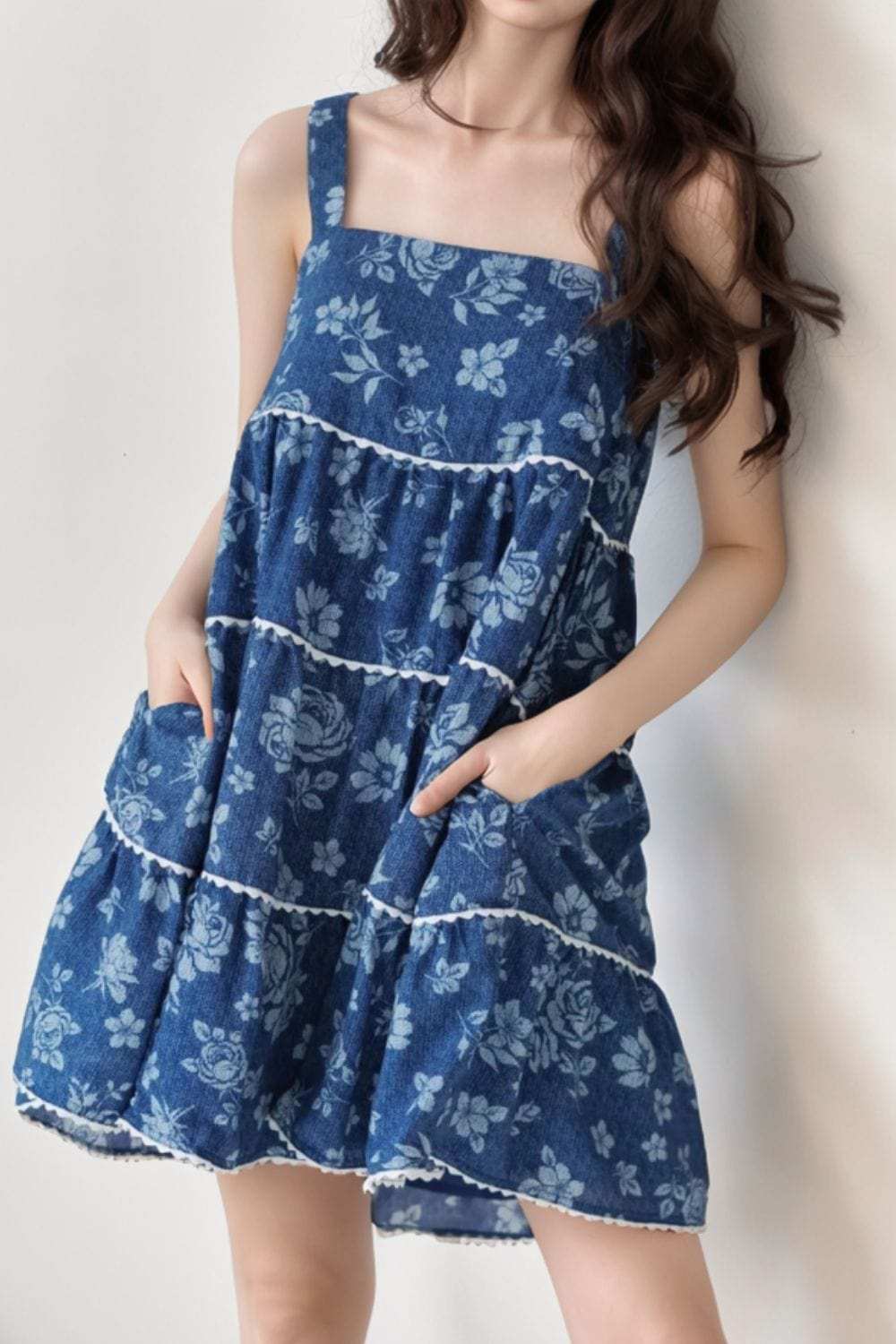 Floral Tiered Square Neck Denim Dress - Trendsi - Flyclothing LLC