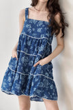 Floral Tiered Square Neck Denim Dress - Trendsi