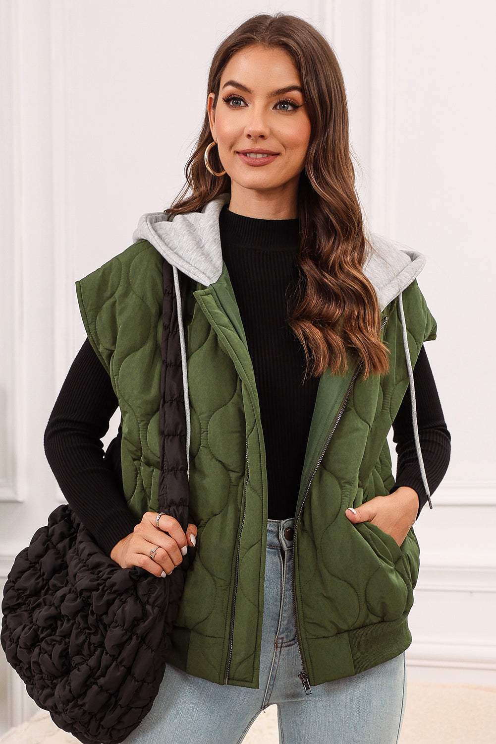 Drawstring Zip Up Hooded Vest Coat - Trendsi - Flyclothing LLC