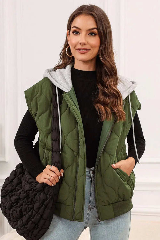 Drawstring Zip Up Hooded Vest Coat - Trendsi - Flyclothing LLC