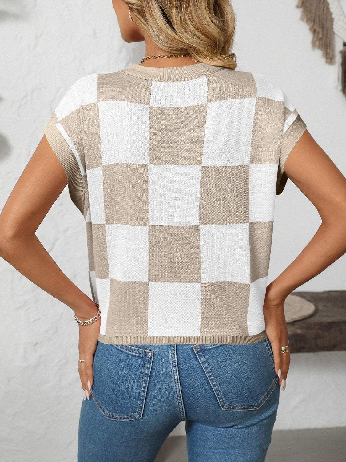 Mandy Checkered Round Neck Cap Sleeve Knit Top - Trendsi - Flyclothing LLC