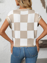 Mandy Checkered Round Neck Cap Sleeve Knit Top - Trendsi - Flyclothing LLC