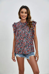 Ruffled Ditsy Floral Mock Neck Cap Sleeve Blouse - Trendsi - Flyclothing LLC