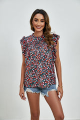 Ruffled Ditsy Floral Mock Neck Cap Sleeve Blouse - Trendsi