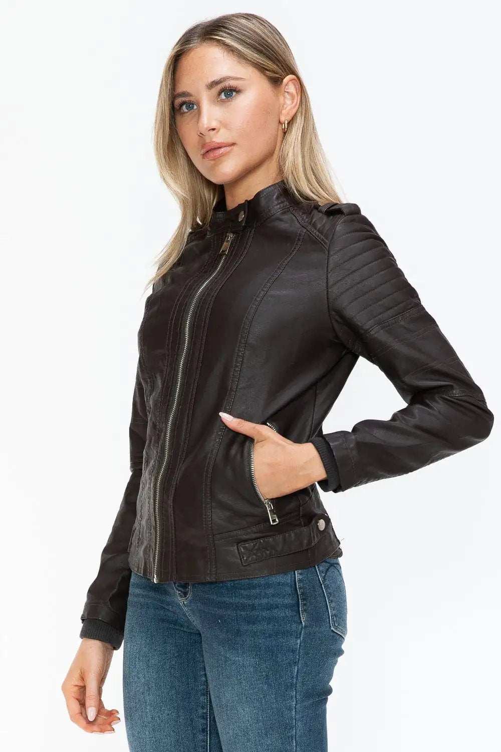 Snobbish PU Leather Biker Jacket with Side Zip Pockets - Trendsi - Flyclothing LLC