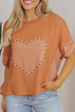 Stud Heart Patch Round Neck Short Sleeve T-Shirt - Trendsi - Flyclothing LLC