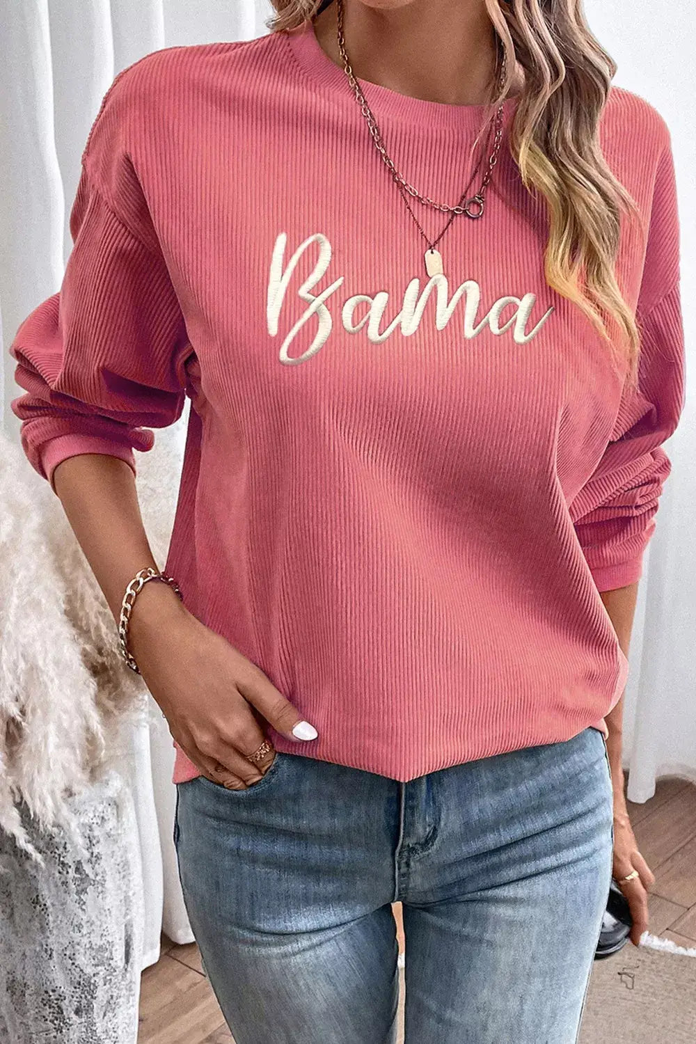 Corded Ribbed Bama Embroidered Letter Graphic Sweatshirt - Trendsi - Flyclothing LLC