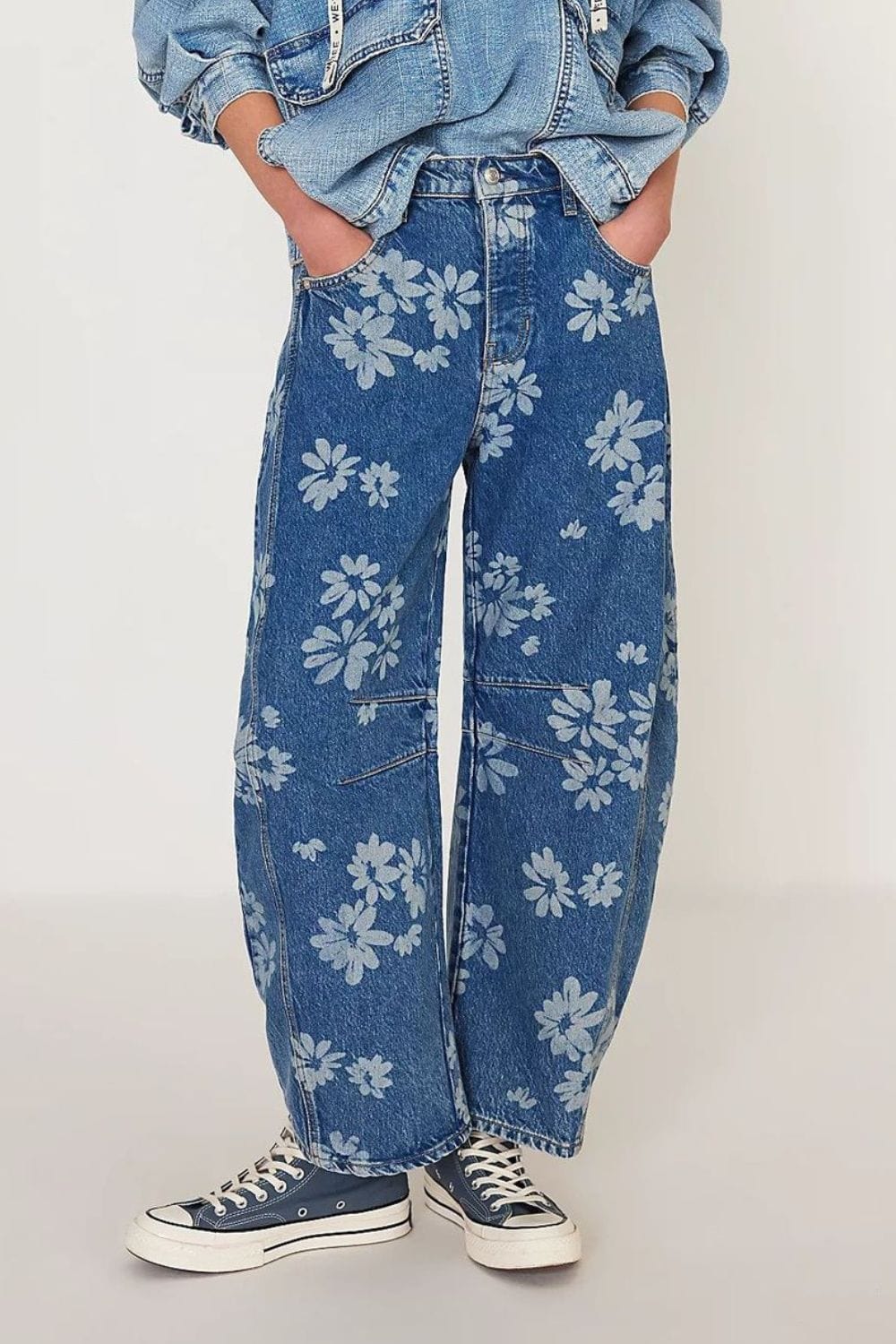 Flower Print Wide Leg Jeans - Trendsi