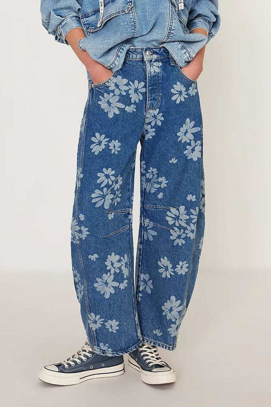 Flower Print Wide Leg Jeans - Trendsi - Flyclothing LLC