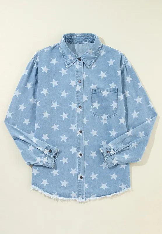 Raw Hem Star Collared Neck Denim Top - Trendsi - Flyclothing LLC
