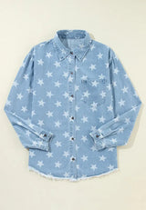 Raw Hem Star Collared Neck Denim Top - Trendsi - Flyclothing LLC
