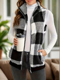 Pocketed Plaid Zip Up Vest Coat - Trendsi