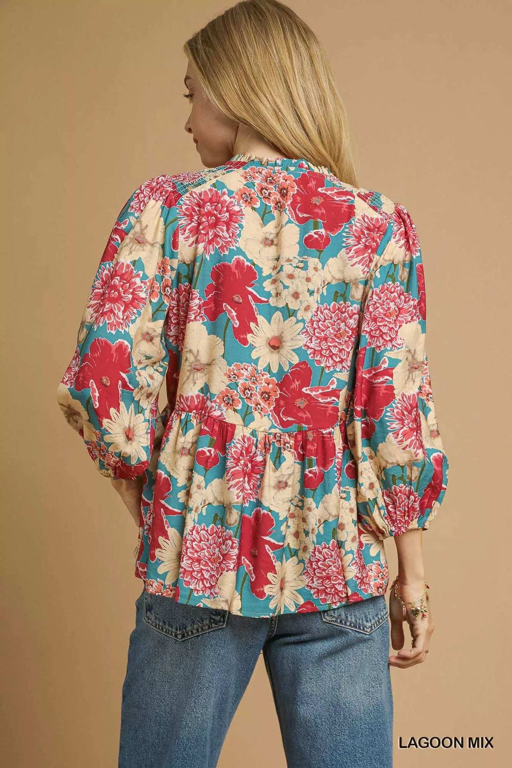 Umgee Mix Floral Peplum Blouse with Tie Neck - Trendsi - Flyclothing LLC