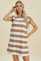 Basic Bae Full Size Striped Round Neck Cap Sleeve Mini Dress - Trendsi - Flyclothing LLC