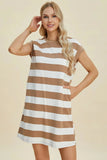 Basic Bae Full Size Striped Round Neck Cap Sleeve Mini Dress - Trendsi