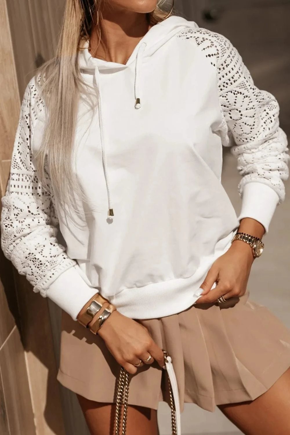 Drawstring Openwork Long Sleeve Hoodie - Trendsi