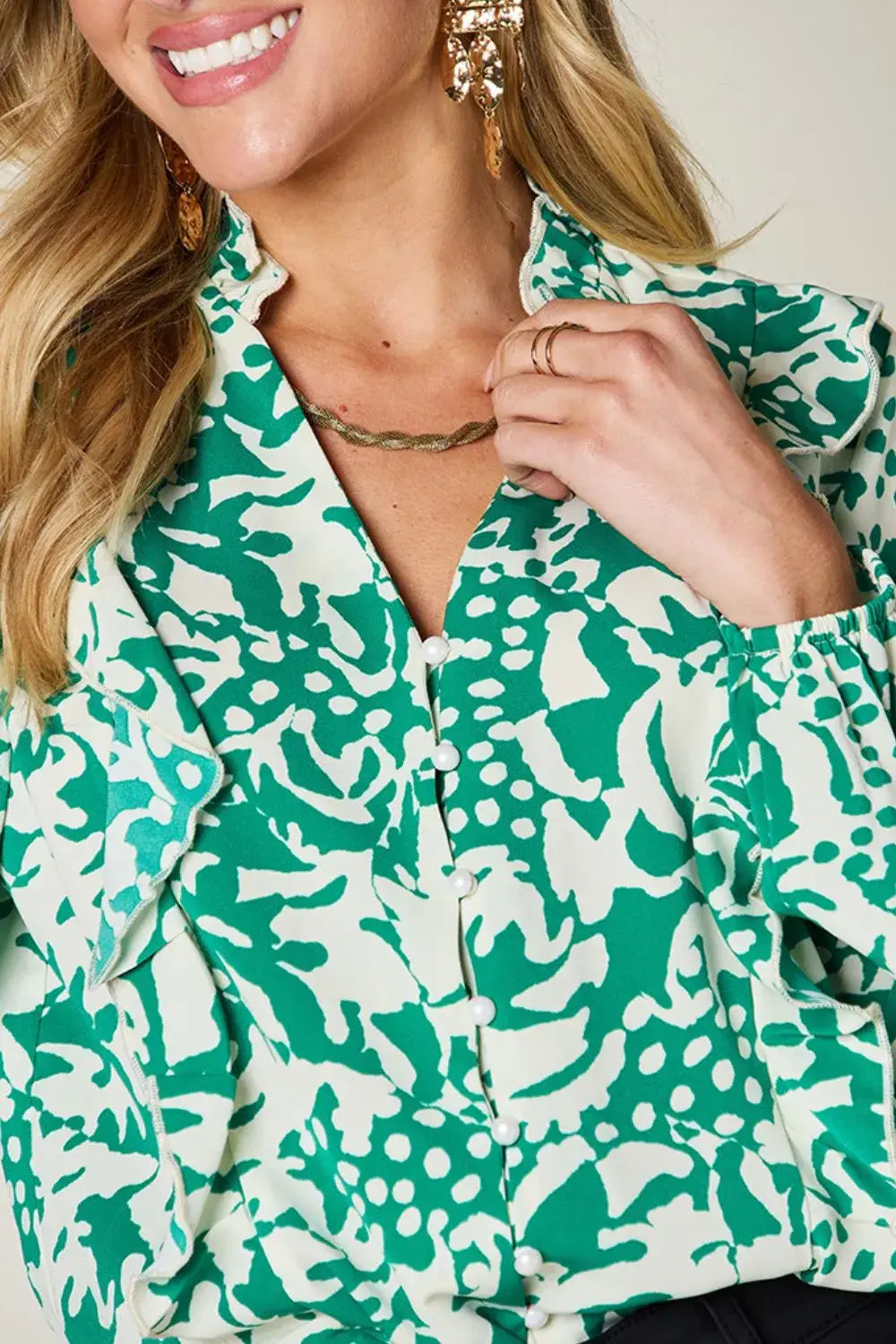 Double Take Full Size Printed Ruffle Trim Balloon Sleeve Shirt - Trendsi - Flyclothing LLC