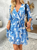 Devine Printed Surplice Ruffled 3/4 Sleeve Mini Dress - Trendsi