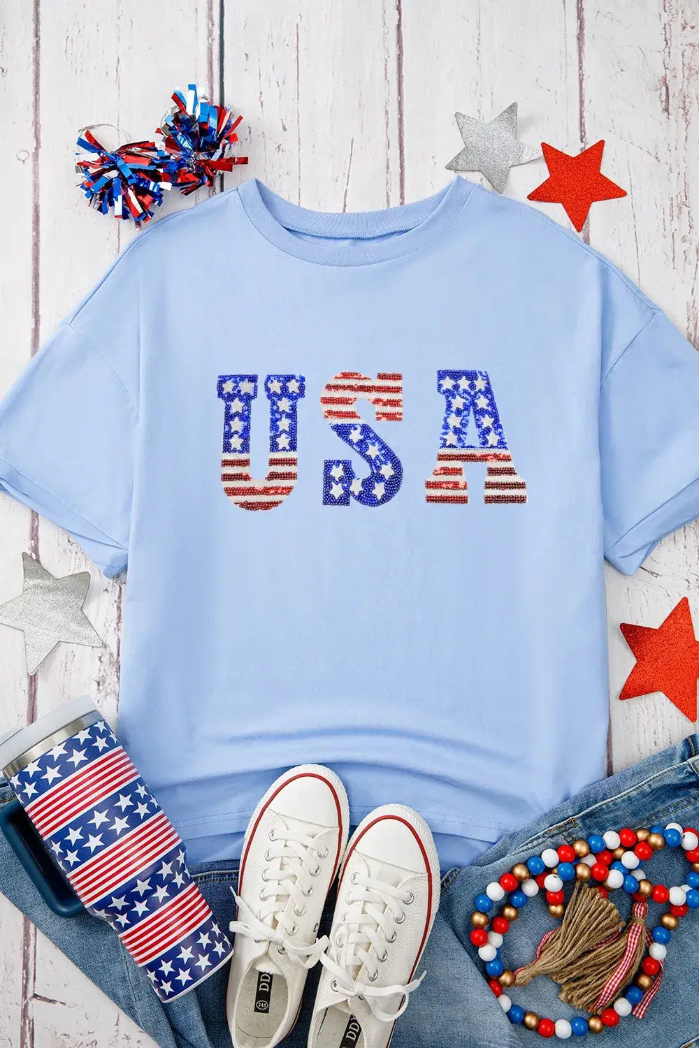 USA Patched Drop Sleeve Crewneck T Shirt - Trendsi - Flyclothing LLC
