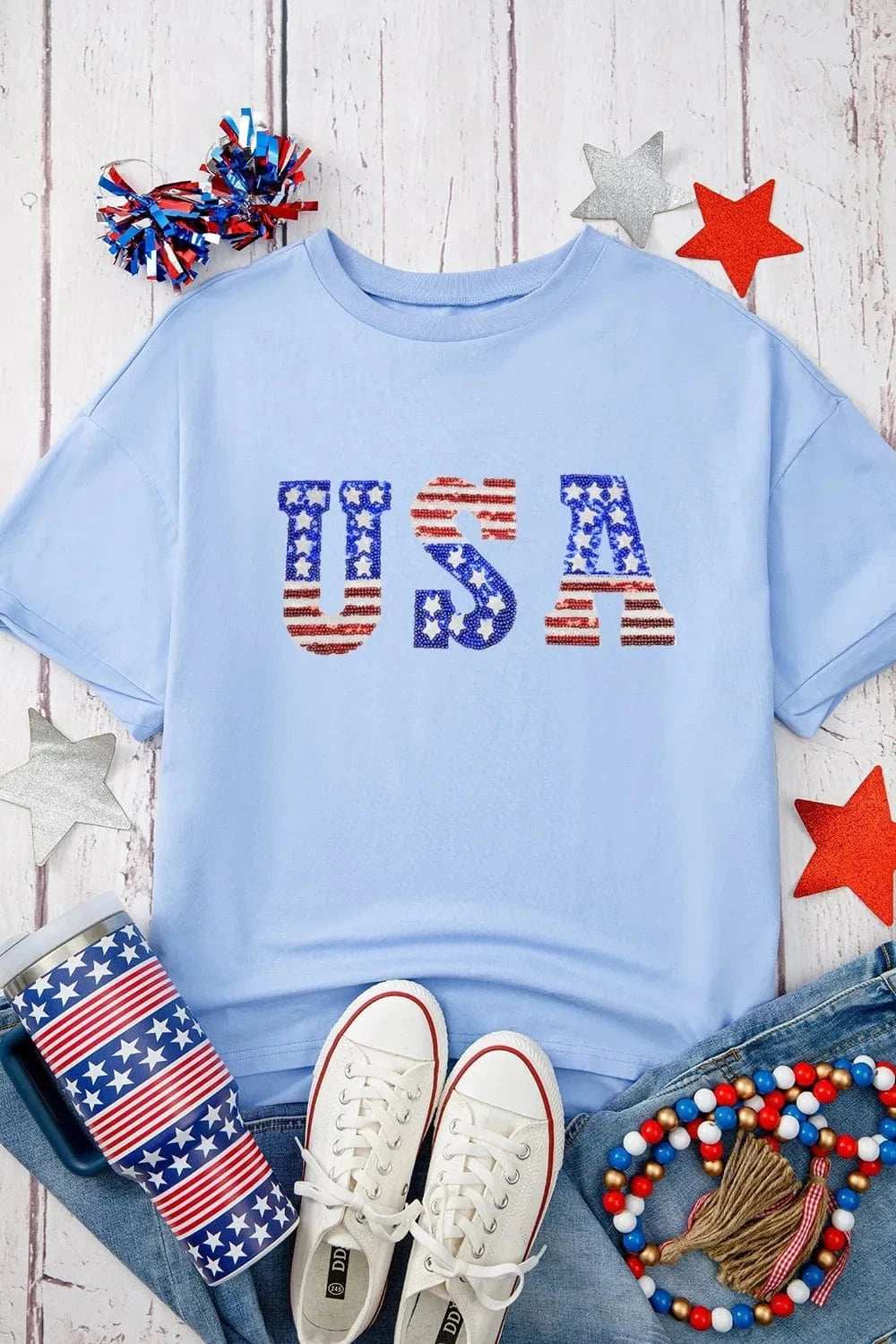USA Patched Drop Sleeve Crewneck T Shirt - Trendsi - Flyclothing LLC