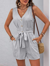 Perfee Striped V-Neck Tie Waist Romper - Trendsi - Flyclothing LLC