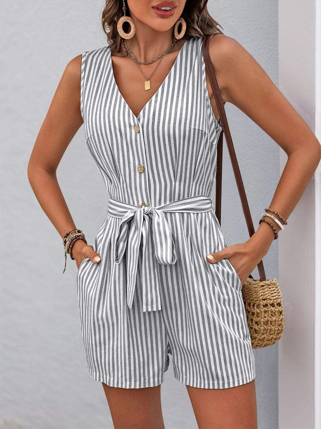 Perfee Striped V-Neck Tie Waist Romper - Trendsi - Flyclothing LLC