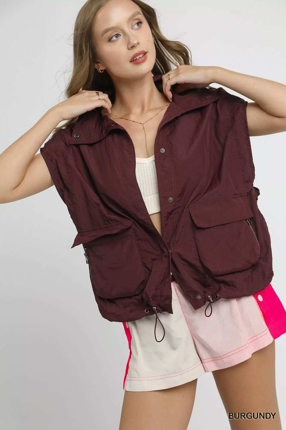 Umgee Drawstring Hem Nylon Vest with Pockets - Trendsi - Flyclothing LLC