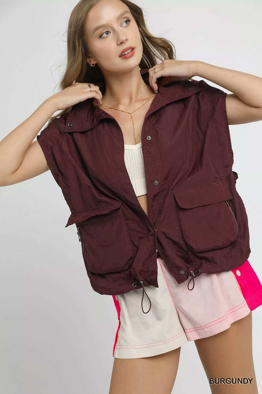 Umgee Drawstring Hem Nylon Vest with Pockets - Trendsi - Flyclothing LLC
