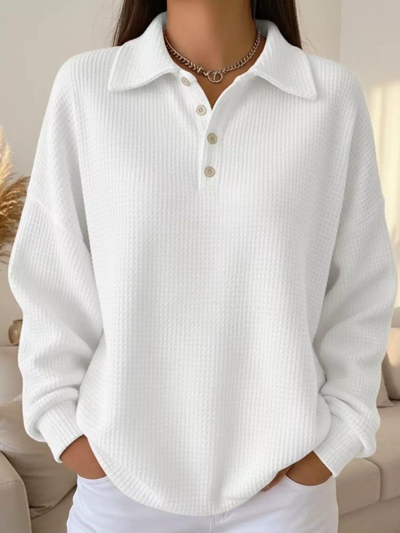Full Size Waffle Knit Button Detail Sweatshirt Plus Size - Trendsi - Flyclothing LLC