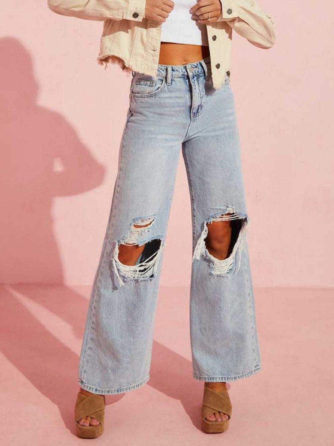 Distressed Wide Leg Jeans with Pockets - Trendsi - Flyclothing LLC