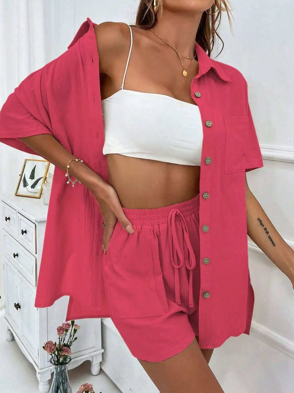 Button Up Half Sleeve Top and Shorts Set - Trendsi - Flyclothing LLC