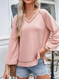 Exposed Seam Ribbed Knit V Neck Top - Trendsi - Flyclothing LLC