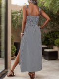 Tied Smocked Striped Sleeveless Midi Dress - Trendsi